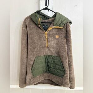 Billabong Badger Half-Zip Brown Sherpa Pullover with Olive Accents and Gold Trim